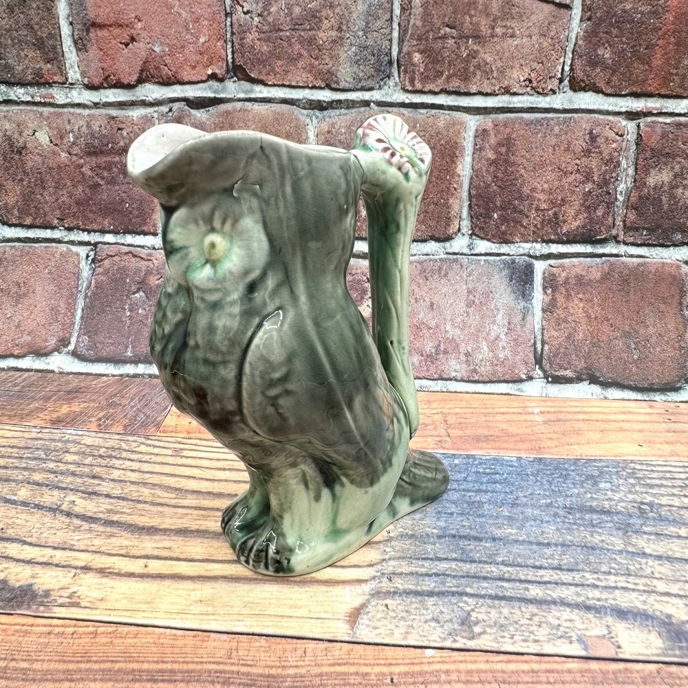 Antique Majolica Owl Pitcher Jug Vase Green Pink Floral Figural 19th Century